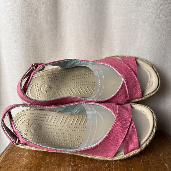 Women’s Crocs Pink A-Leigh Linen Slingback Espadrille Wedge Sandals Size 7‎ - Picture 5 of 10